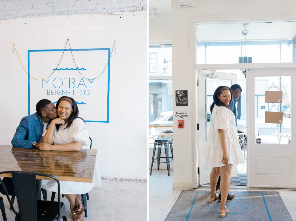Downtown Mobile Alabama engagement photography in the Mo' Bay Beugnet Co Coffee Shop by Jesi Wilcox.
